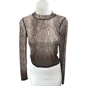 NEW Steele Brown Animal Snake Print Long Sleeve High Neck Crop Shirt Top Size S